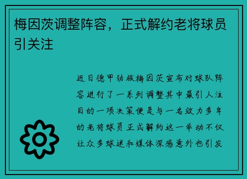 梅因茨调整阵容，正式解约老将球员引关注